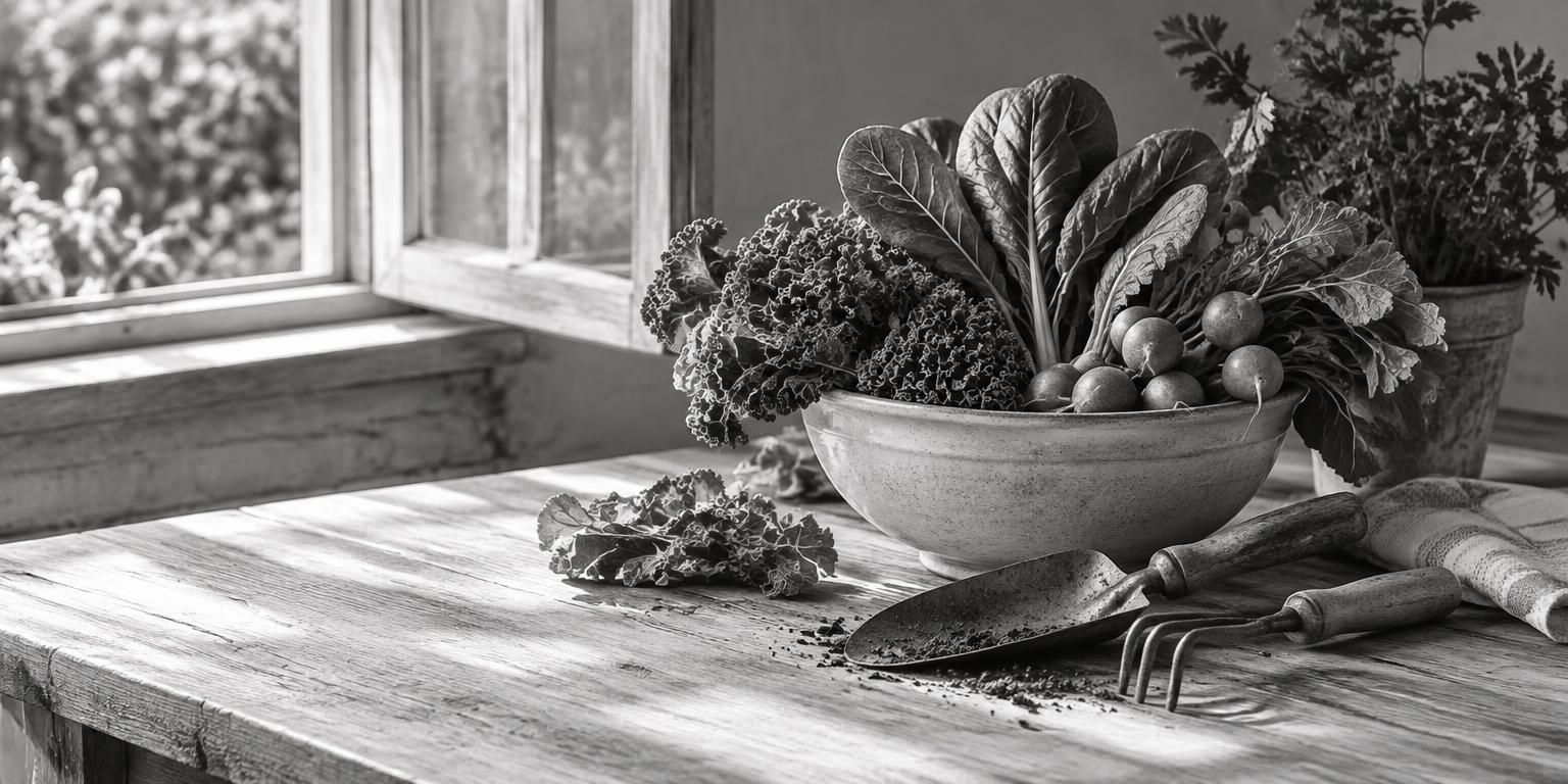 Fresh vegetables and gardening tools — health and livelihood themes